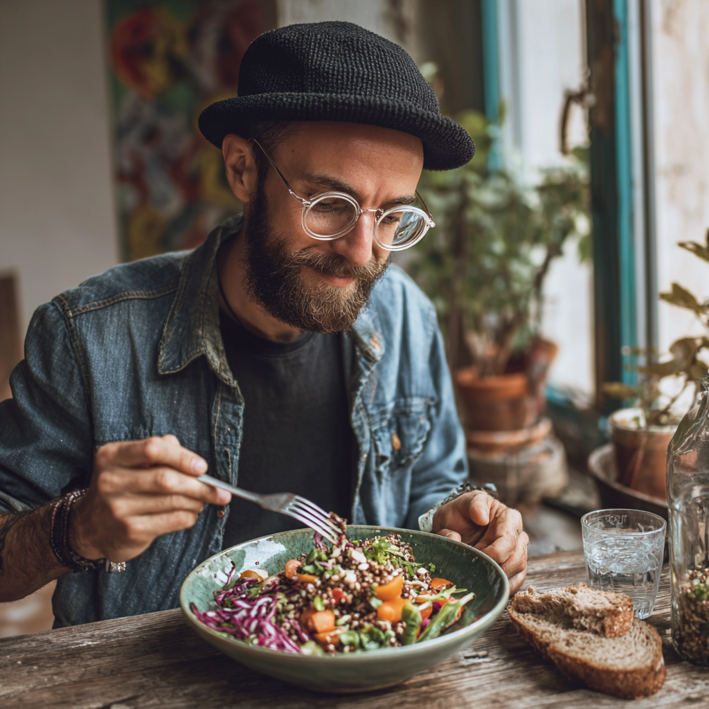 Чоловік приймає здорову страву з овочами та злаками